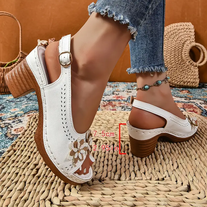 Ladies' thick-soled wedge heel sandals - PU fabric with open design and buckle closure, white casual business shoes