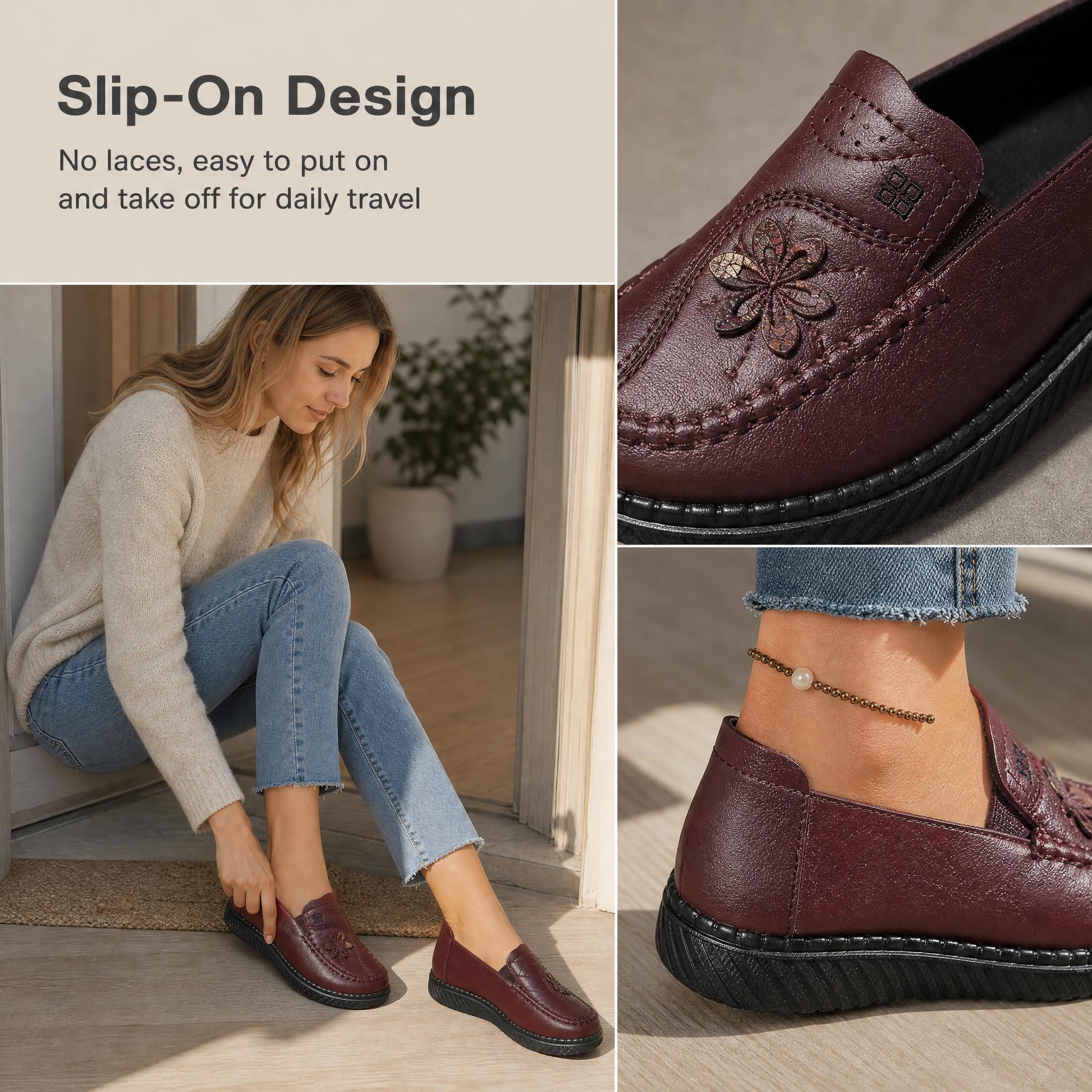 🔥Last Day 60% OFF Women's PU Leather Slip-On Loafers, Soft Sole Anti-Slip Breathable Shoes for Middle-Aged Women, Casual Footwear for Spring and Fall