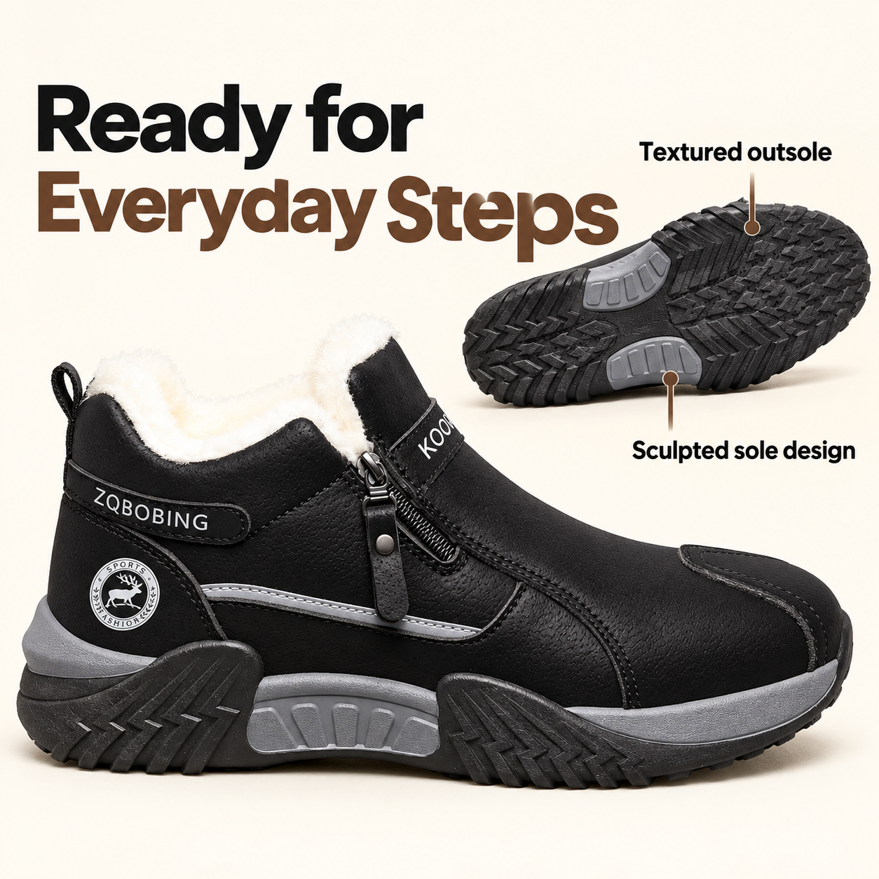 Unisex Winter Snow Casual Ankle Boots, Suede-Look Upper, Side Zip, Fleece-Lined Warm, Thick PVC Sole
