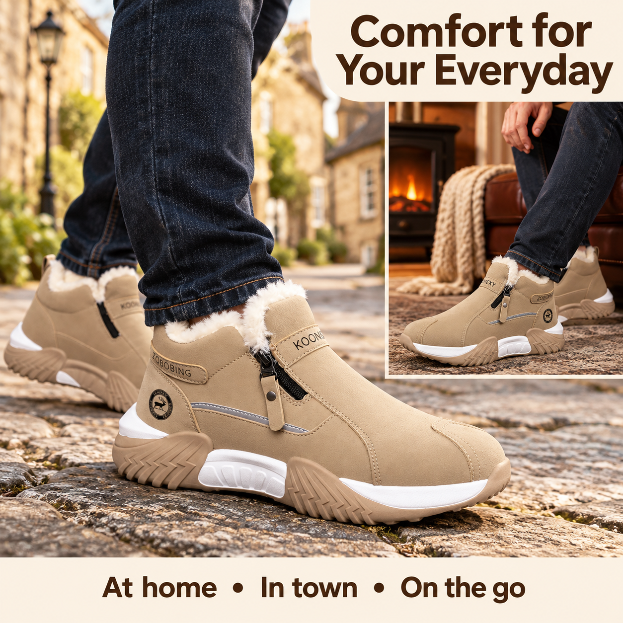 Unisex Winter Snow Casual Ankle Boots, Suede-Look Upper, Side Zip, Fleece-Lined Warm, Thick PVC Sole