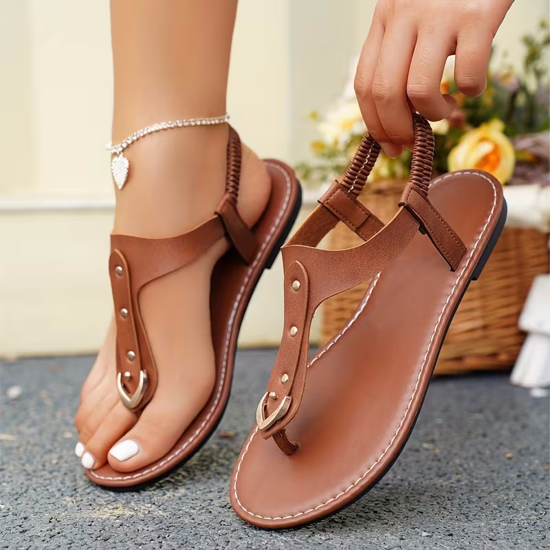 Women's Summer Plain Pu Leather Rivet Design Toe Thong Sandals, Casual Flat Sandals