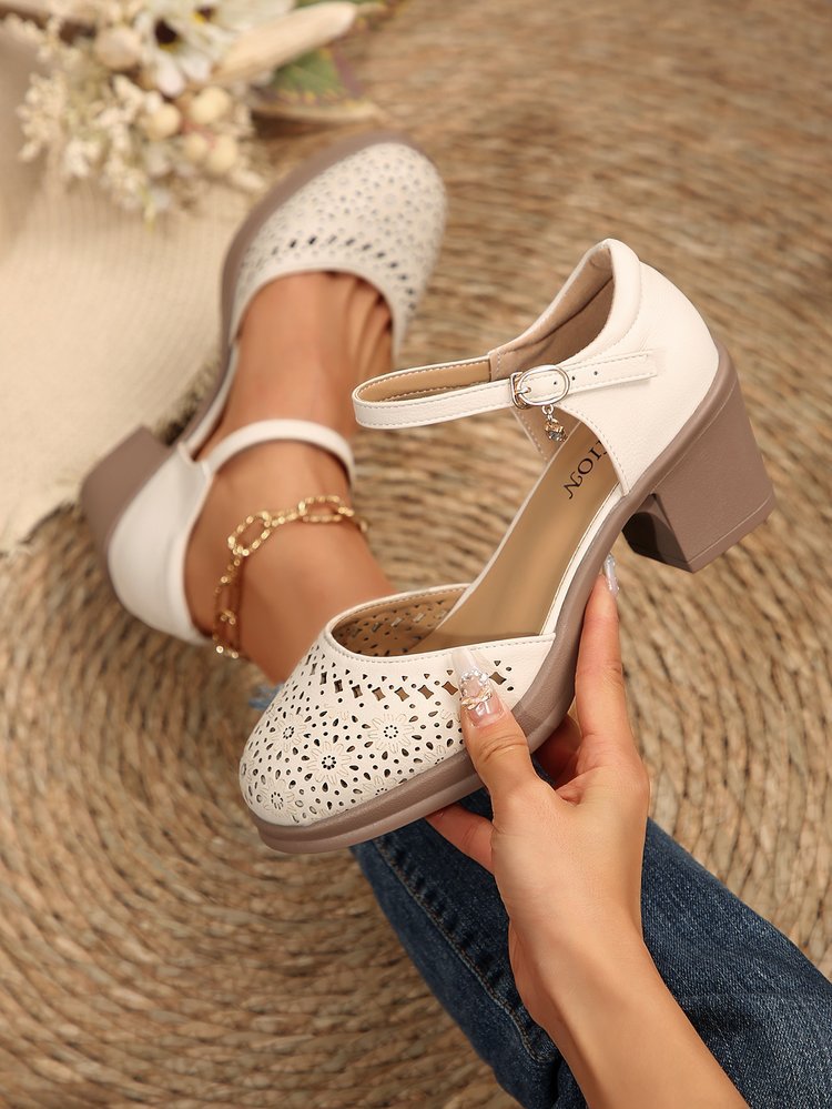 Women's Fashionable Solid Color Hollow Out Design Mary Janes Pumps Sandals