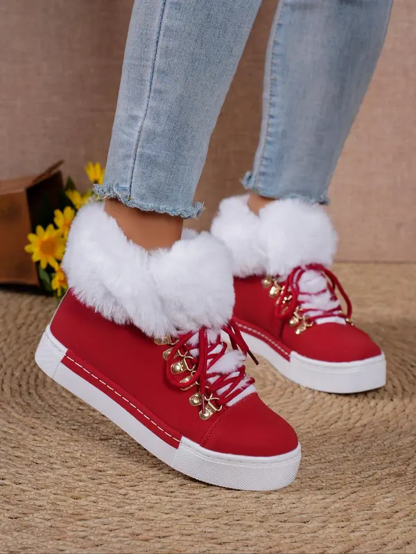 New Style Women's Solid Color Lace Up Ankle Boots Casual Warm Plush Design Boots for Fall & Winter