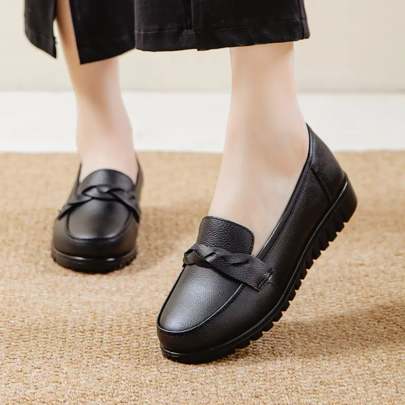 Women's Black Slip-On Work Flats with Braided Detail Non-Slip Comfort Sole Soft Cushioned Insole 