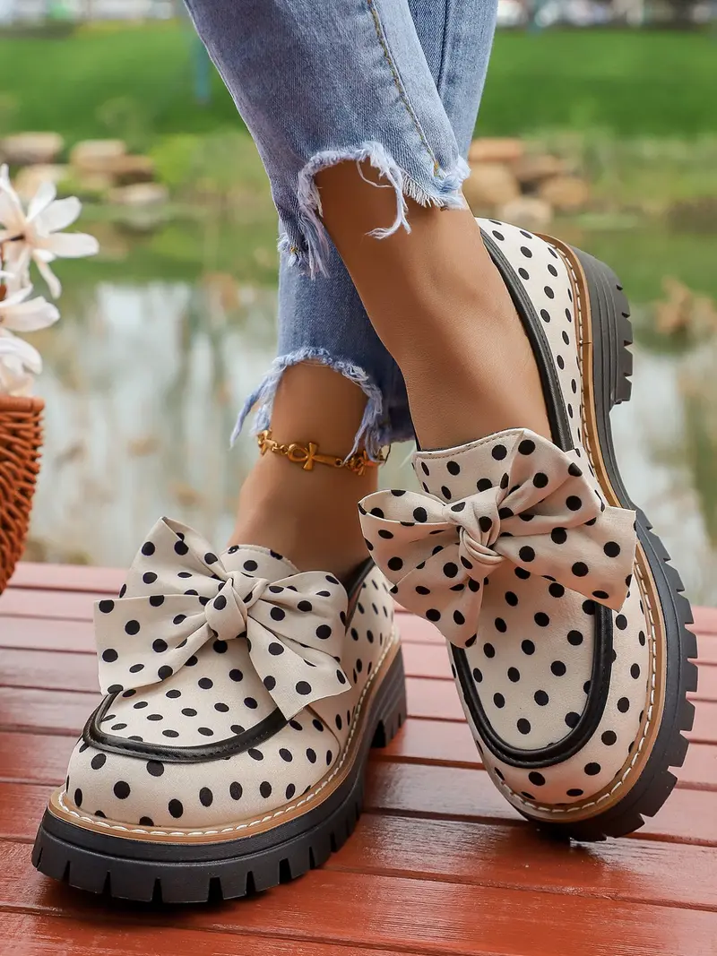 2026 Spring Summer Polka Dot Bow Tie British Style Classic Flatform Loafers Thick Sole Women's Leather Shoes