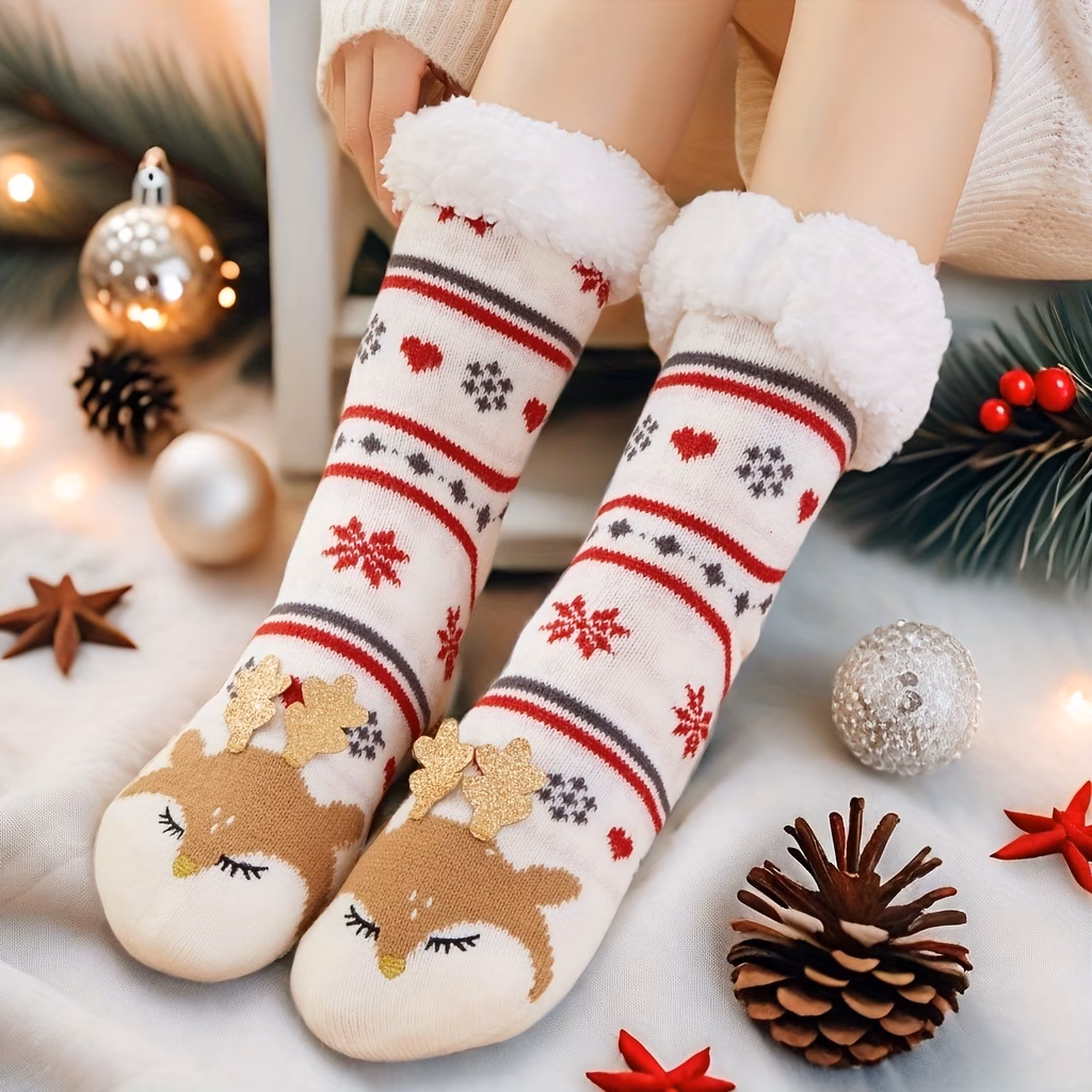 1 Pair of Christmas Plush-lined Thermal Socks, Soft and Comfortable Mid-calf Socks, Women's House Slippers and Socks