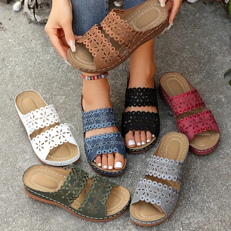 Women's Floral Cut-Out Slide Sandals - Slip-On Mid-Heel Casual Shoes