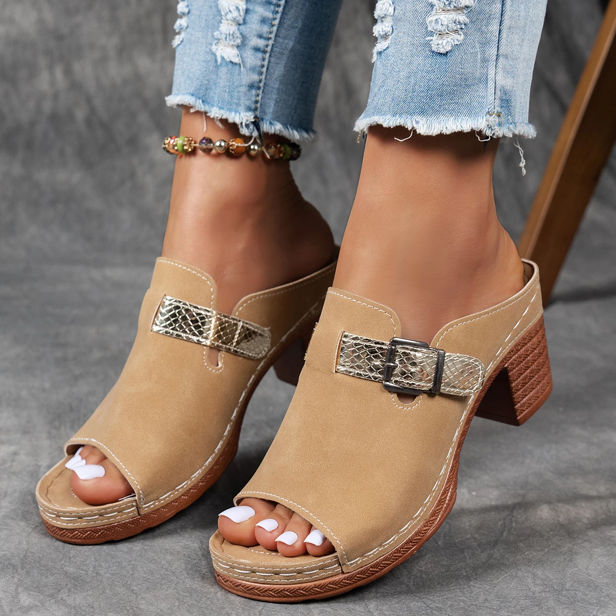 Women's Adjustable Hook-and-Loop Strappy Wedge Sandals - Open Toe Thick Sole with Double Buckle Design, Faux Cover Upper & PU Sole