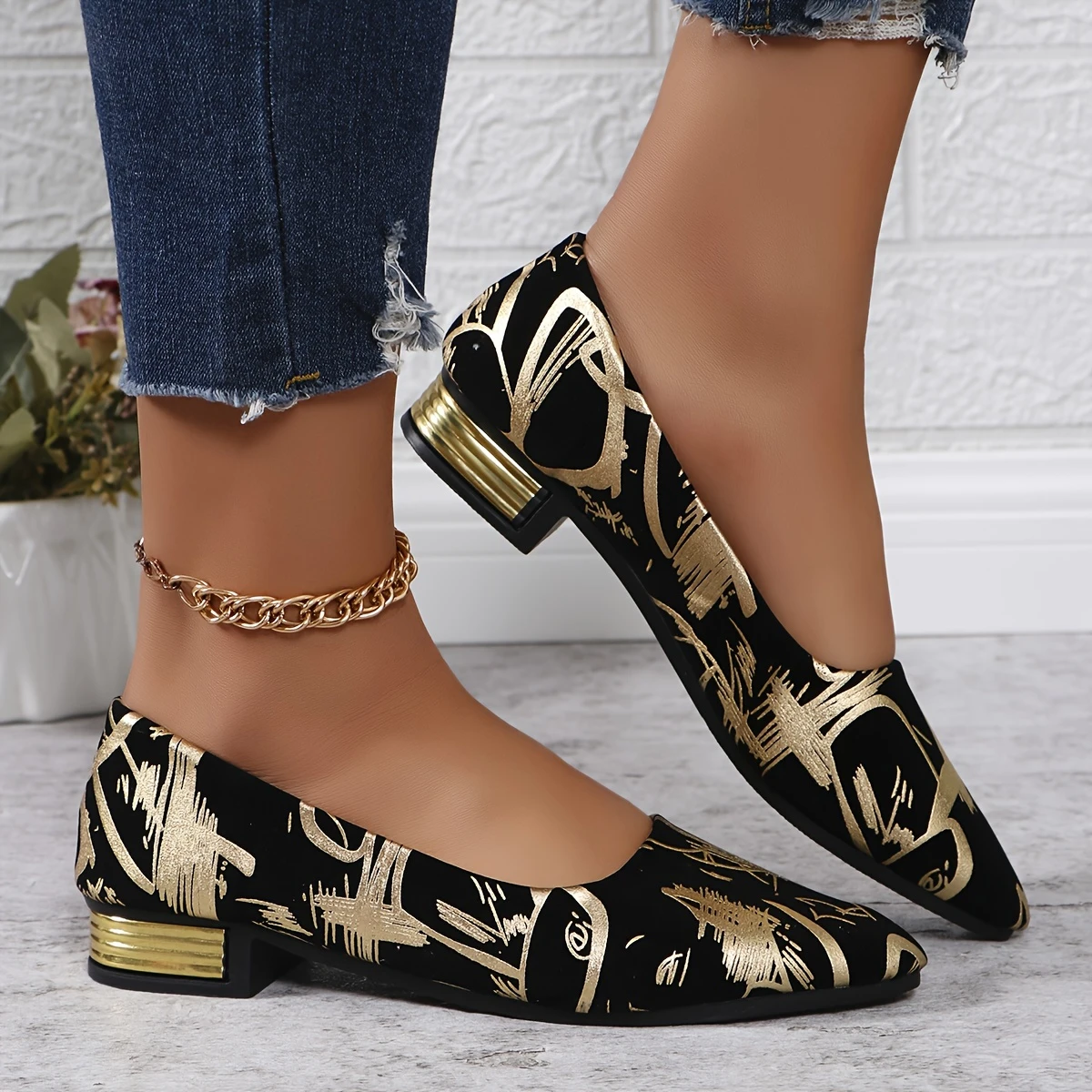 Fashion Women's Shoes, Low-heeled Single Shoes, Ladies' Stylish Single Shoes, Printed Four-season Low-heeled Trendy Women's Shoes