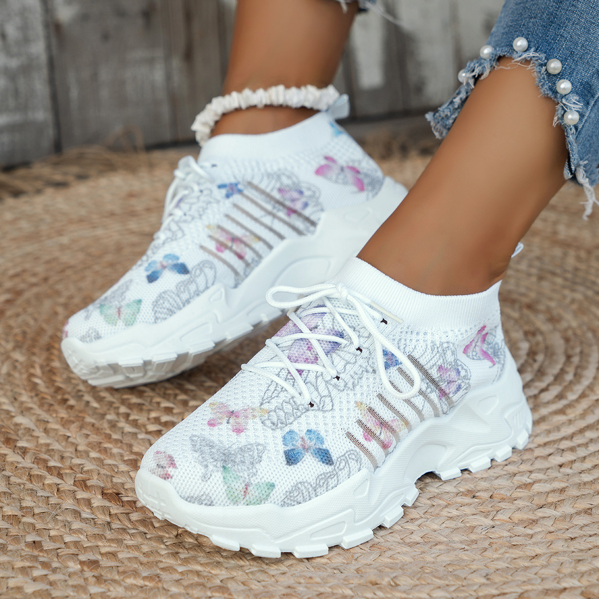 Women Knitted Comfortable Casual Road Shoes, Butterfly Thick Bottom Sports Shoes, Breathable Slip-Resistant All-Match Running Shoes