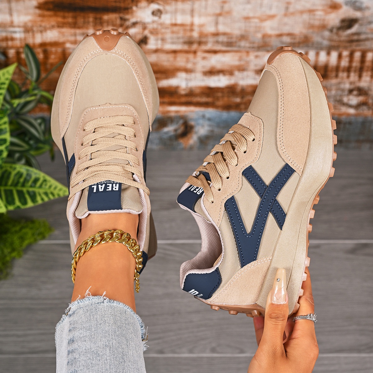 Women's Sporty Thick Sole Low-Top Shoes, Fashion Casual Breathable Round Toe Lace-Up Shoes
