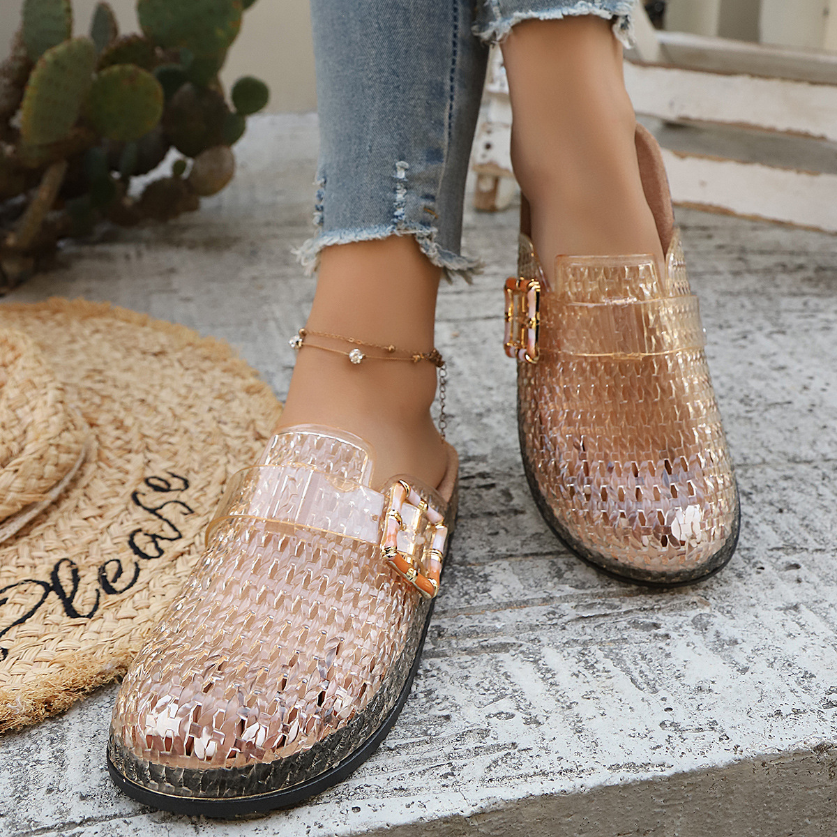 Women's Pearl Sequin Hollow Out Woven Mule Sandals, Casual Breathable Design Slip On Mules, Shoes Mules