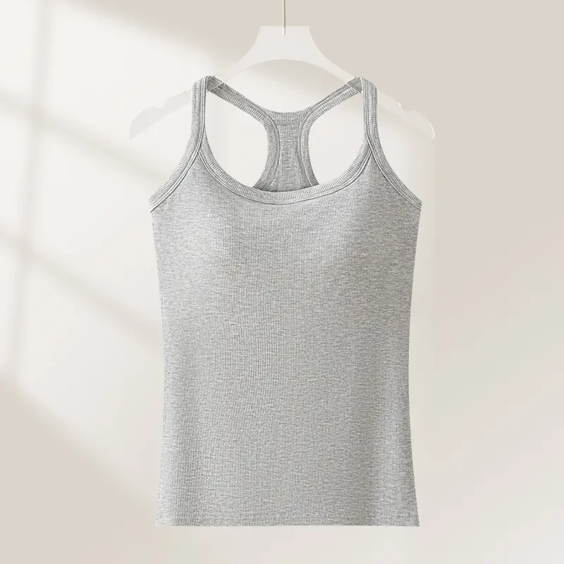  Women's Ribbed Built-in Bra Tank Top Wireless Supportive Workout Yoga Top 
