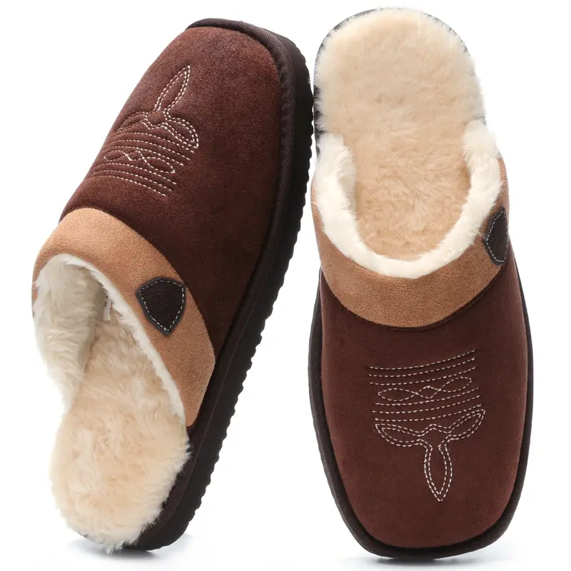  Western House Slippers Indoor & Outdoor Square Toe Chestnut Soft Cowboy Boot Slippers 