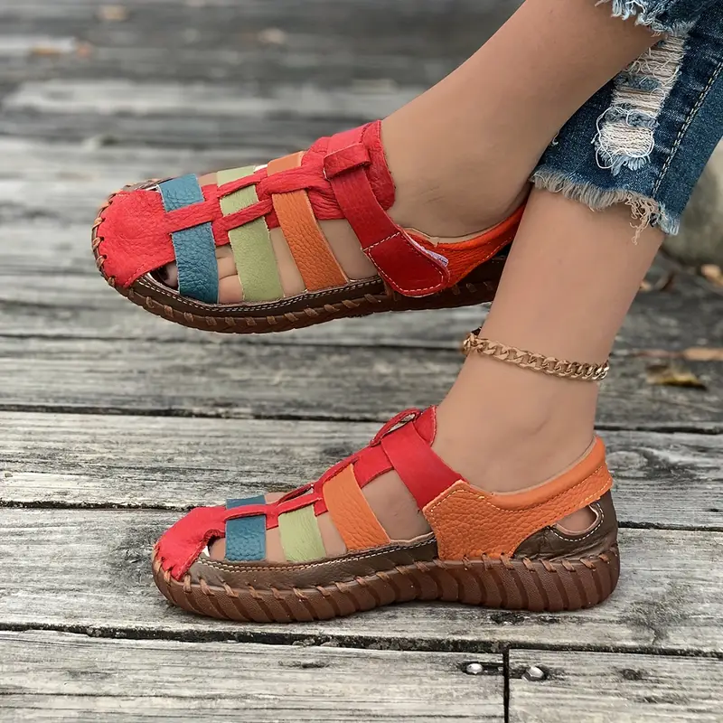 Ladies' colored striped flat loafers - soft rubber soles, round toe, ankle strap casual and driving shoes