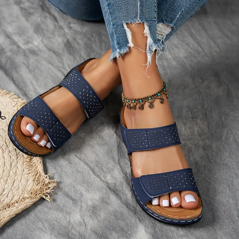 Women's casual solid-color wedge heel sandals, comfortable thick-soled open-toe contrasting sandals, bright diamond-encrusted women's shoes