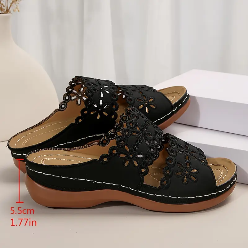 Women's Floral Cut-Out Slide Sandals - Slip-On Mid-Heel Casual Shoes