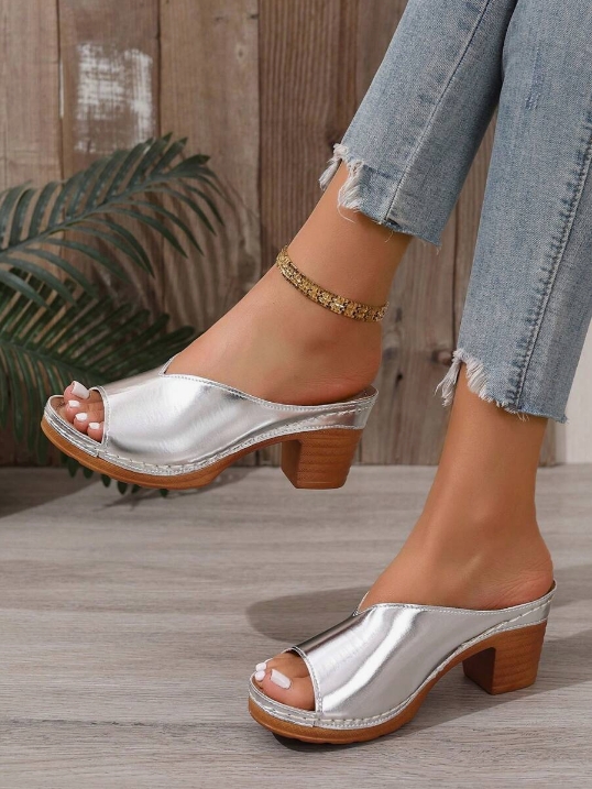 Women's Chunky Heel Slide Sandals, Black Open Toe Summer New Fashion Outdoor Wear Slippers, Gold Ladies Platform Wedge Strap Casual Mules