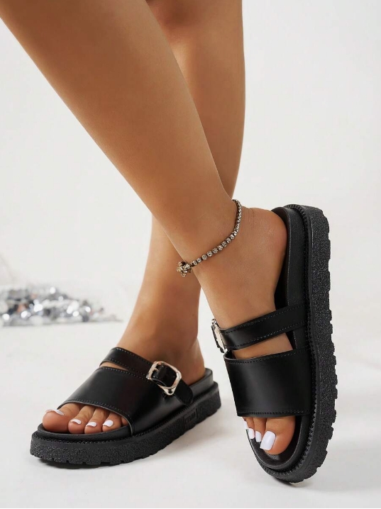 Leopard Print Thick Bottom Soft Bottom Buckle Decorated Open Toe Flat Sandals