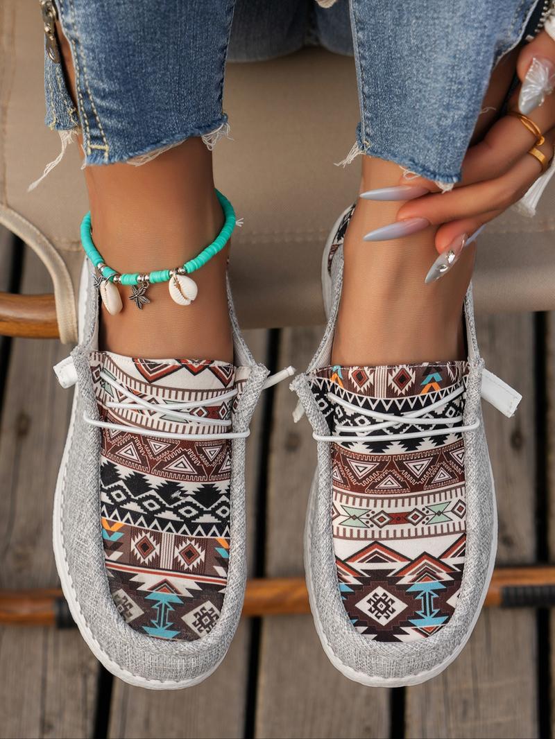 Women's Summer Fashionable Ethnic Pattern Lace Up Front Running Orthopedic Canvas Shoes