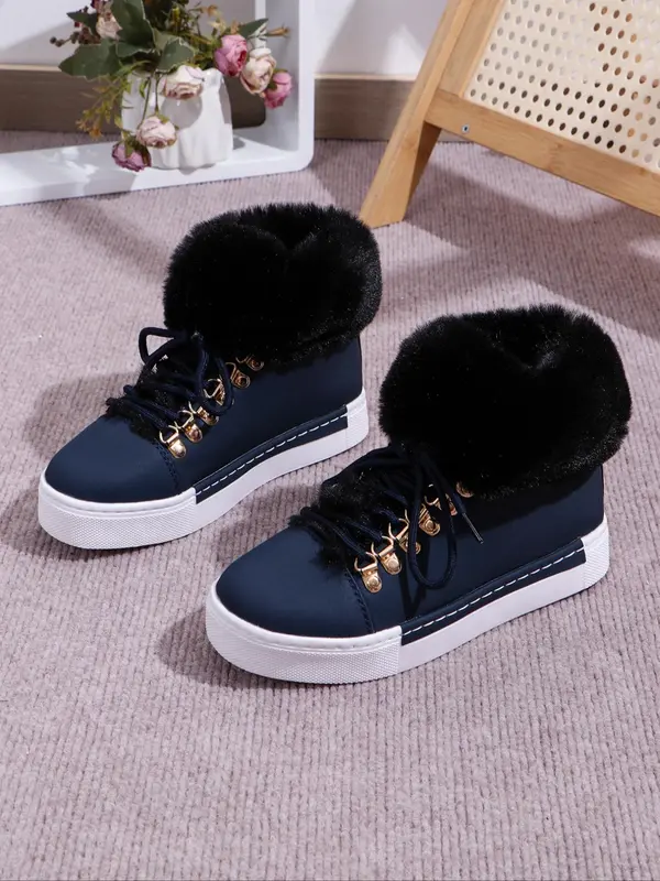 New Style Women's Solid Color Lace Up Ankle Boots Casual Warm Plush Design Boots for Fall & Winter