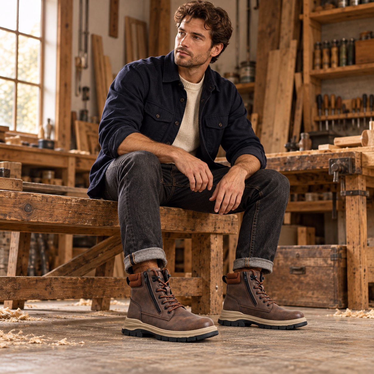  Men's Minimalist Leather Upper Lace-Up Work & Safety Shoes 