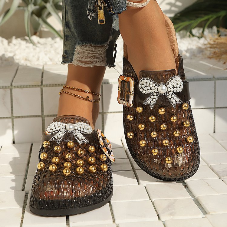 Women's Pearl Sequin Hollow Out Woven Mule Sandals, Casual Breathable Design Slip On Mules, Shoes Mules