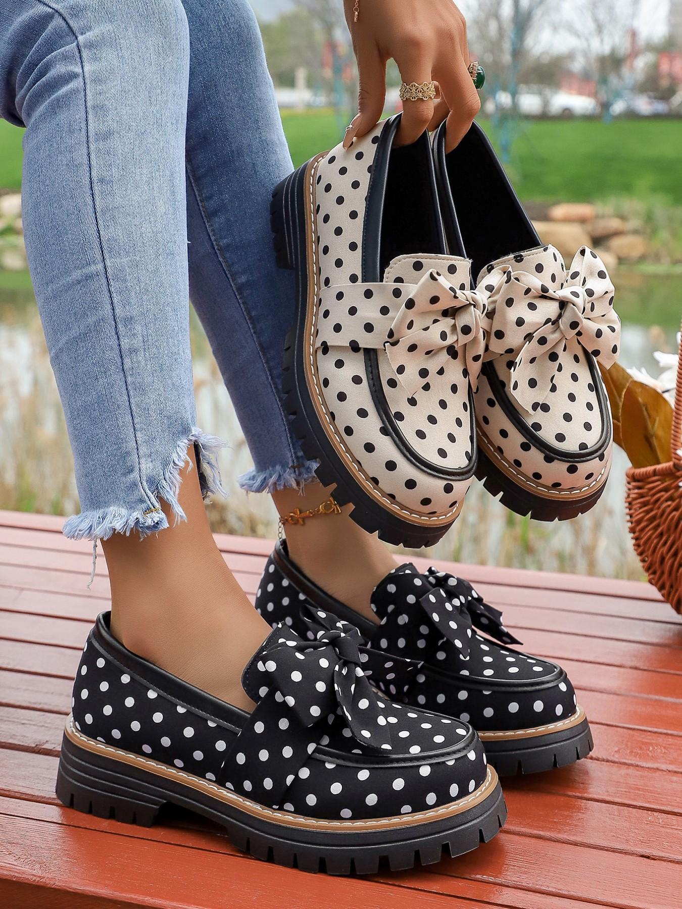 2026 Spring Summer Polka Dot Bow Tie British Style Classic Flatform Loafers Thick Sole Women's Leather Shoes