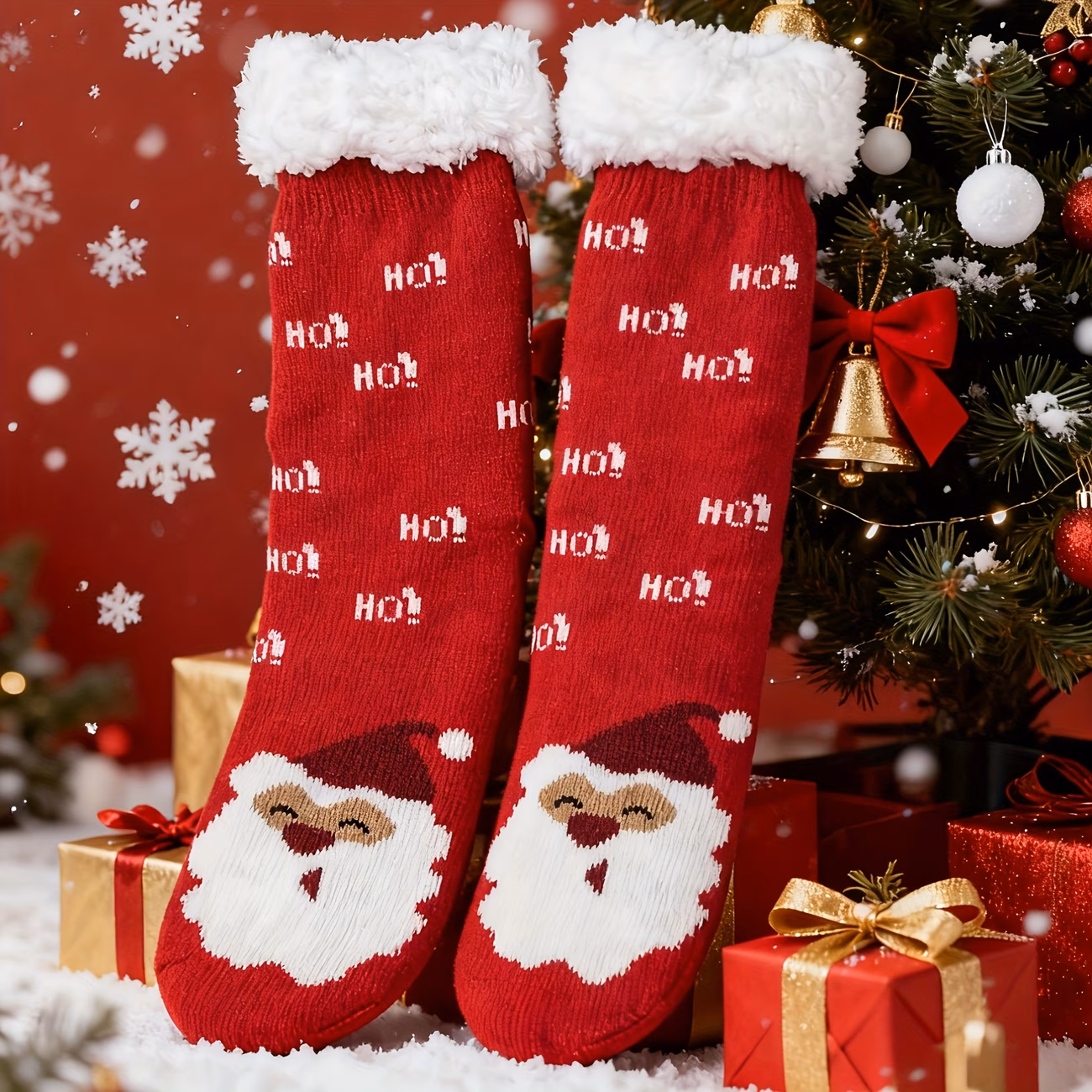 1 Pair of Christmas Plush-lined Thermal Socks, Soft and Comfortable Mid-calf Socks, Women's House Slippers and Socks