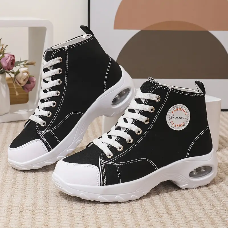 Women's lightweight canvas sneakers - comfortable high-top casual shoe with air cushioned sole and lace-up closure