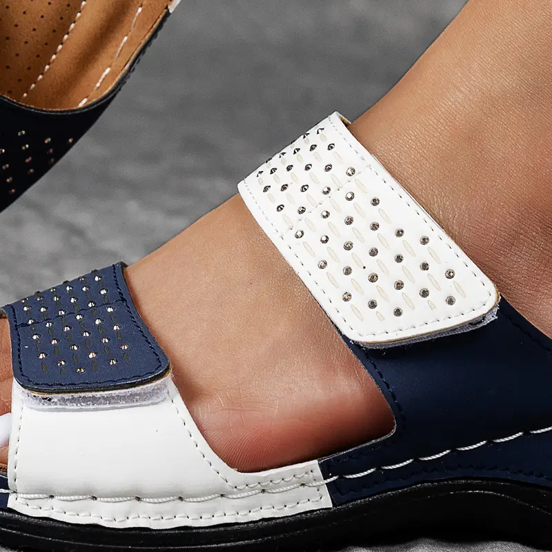 Women's casual solid-color wedge heel sandals, comfortable thick-soled open-toe contrasting sandals, bright diamond-encrusted women's shoes