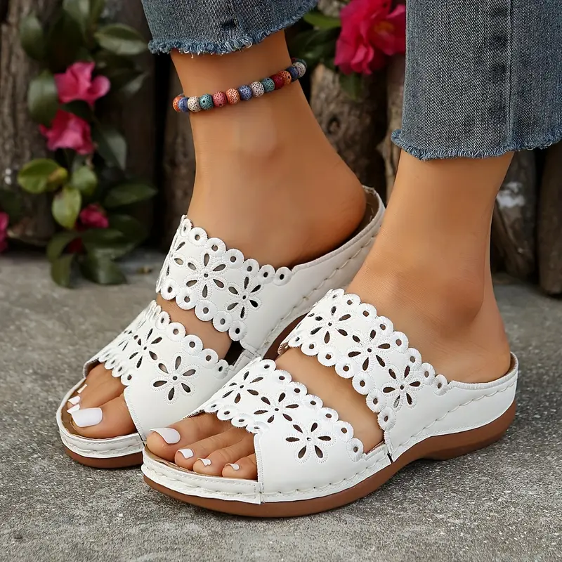 Women's Floral Cut-Out Slide Sandals - Slip-On Mid-Heel Casual Shoes