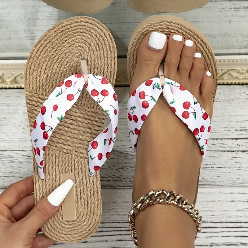 Women'S Cherry Print Flat Sandals - Lightweight Summer Slides with EVA Sole, Fabric Upper & Inner, Easy Slip-On Design for Beach & Outdoor Wear