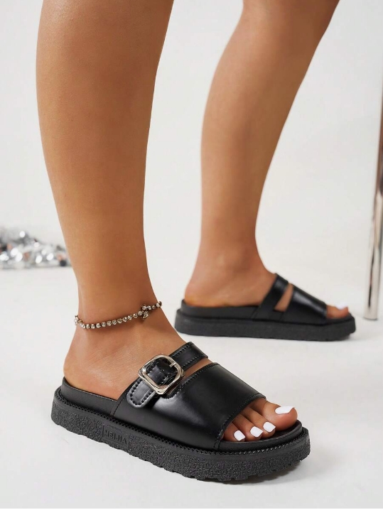 Leopard Print Thick Bottom Soft Bottom Buckle Decorated Open Toe Flat Sandals