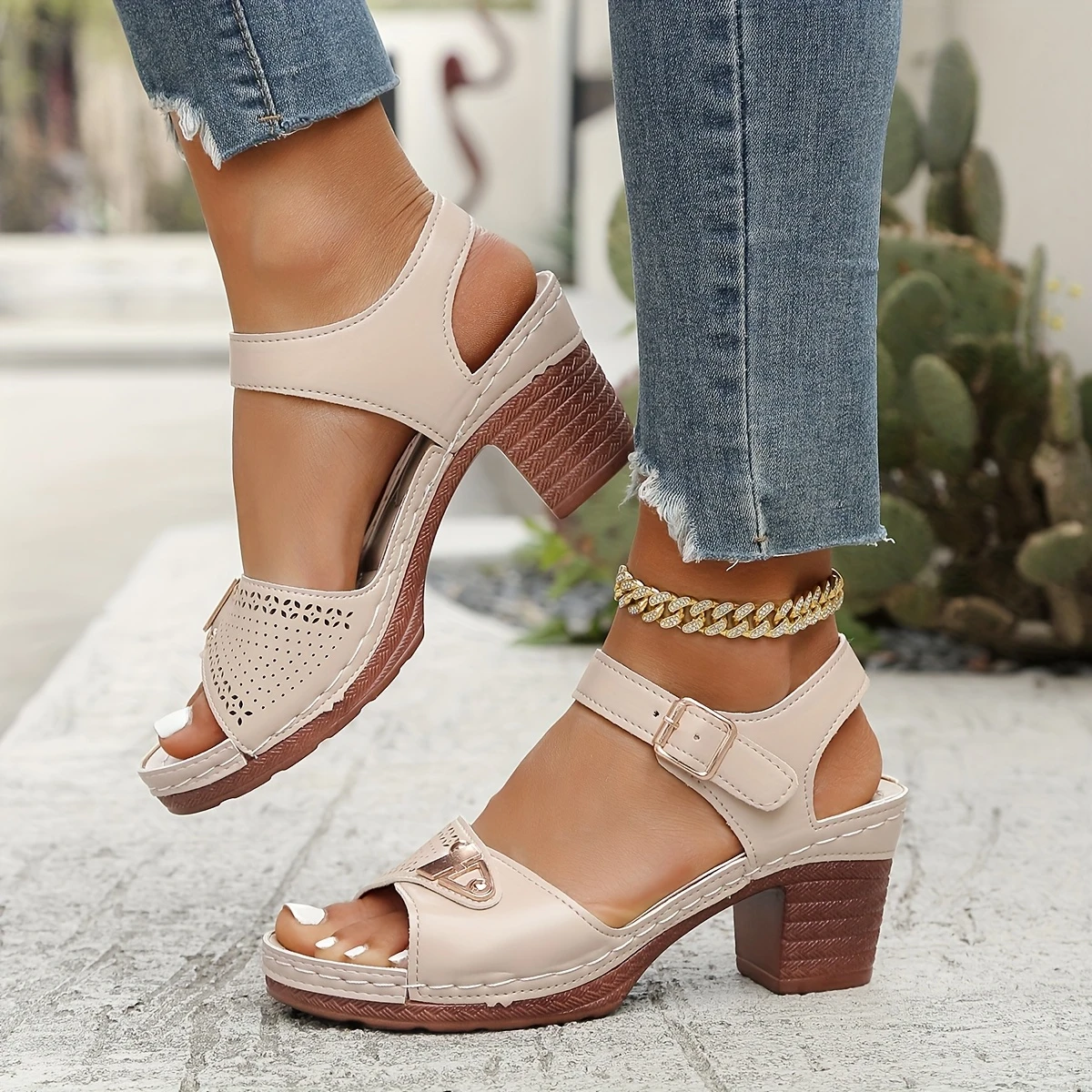 Women'S orthopedic Wedge Shoes - Peep Toe, Synthetic Upper with Golden Buckle shoes