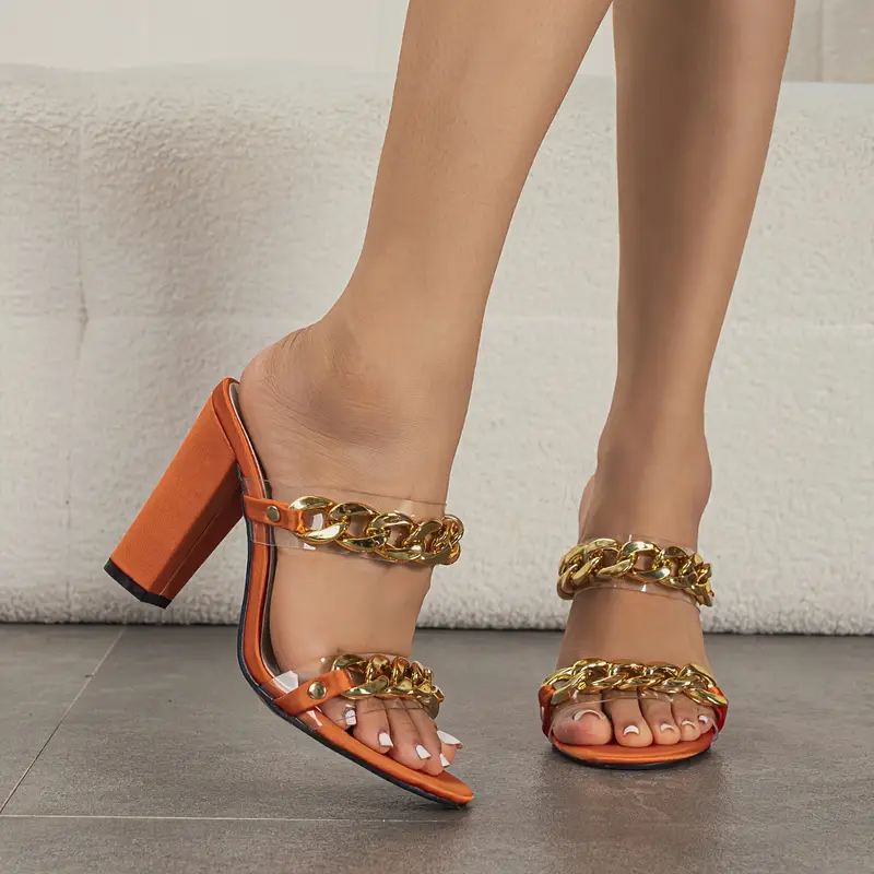 🔥Last Day 49% OFF -Women's Chain Decor Block High Heels - Fashion Open Toe Slip On Sandals