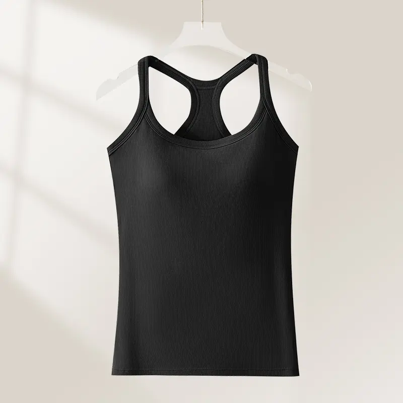  Women's Ribbed Built-in Bra Tank Top Wireless Supportive Workout Yoga Top 