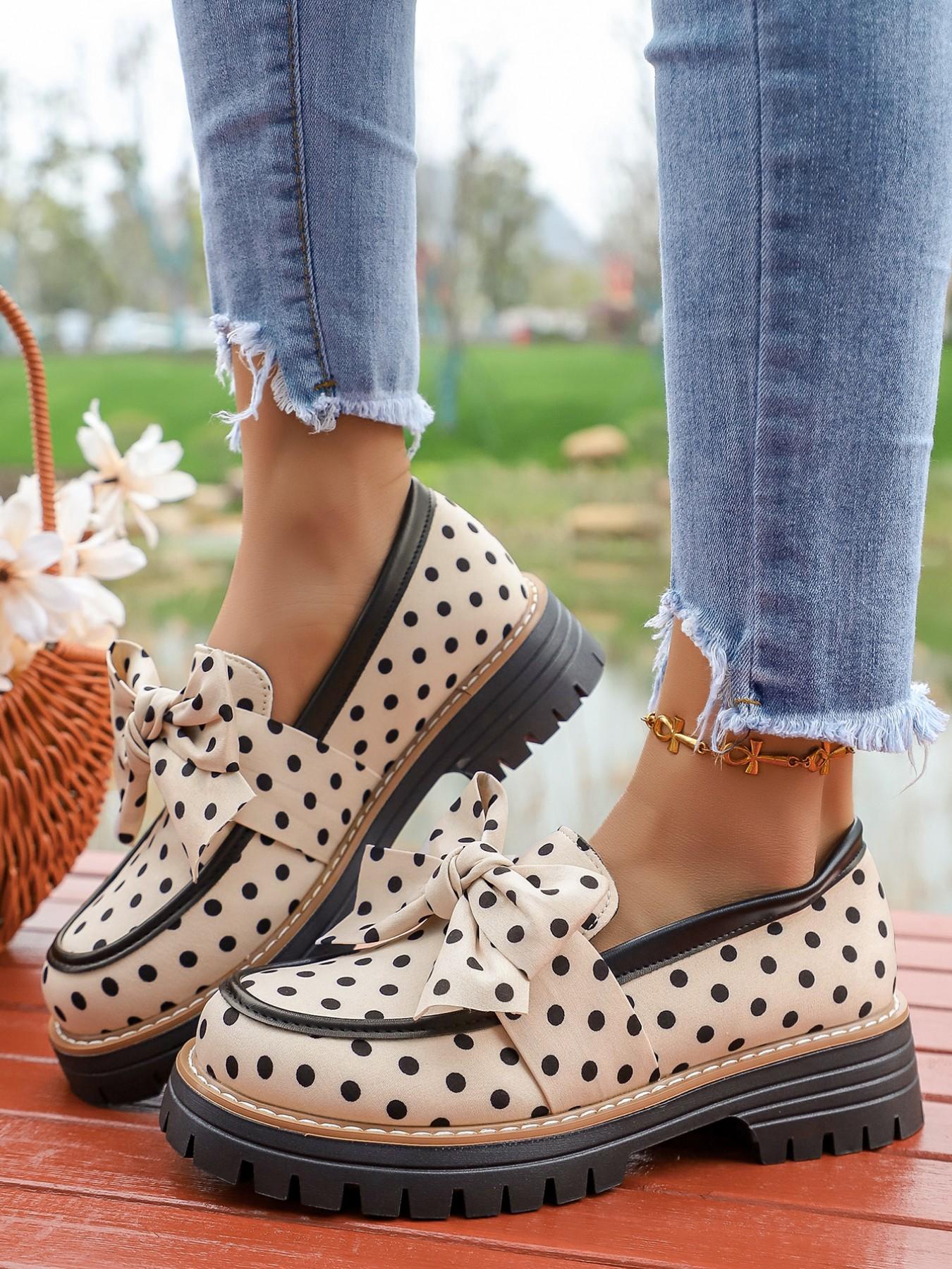 2026 Spring Summer Polka Dot Bow Tie British Style Classic Flatform Loafers Thick Sole Women's Leather Shoes