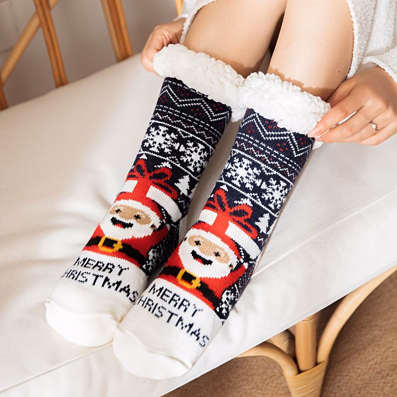 1 Pair of Christmas Plush-lined Thermal Socks, Soft and Comfortable Mid-calf Socks, Women's House Slippers and Socks