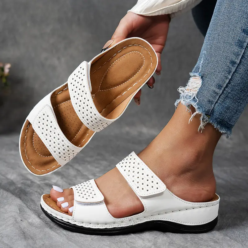 Women's casual solid-color wedge heel sandals, comfortable thick-soled open-toe contrasting sandals, bright diamond-encrusted women's shoes