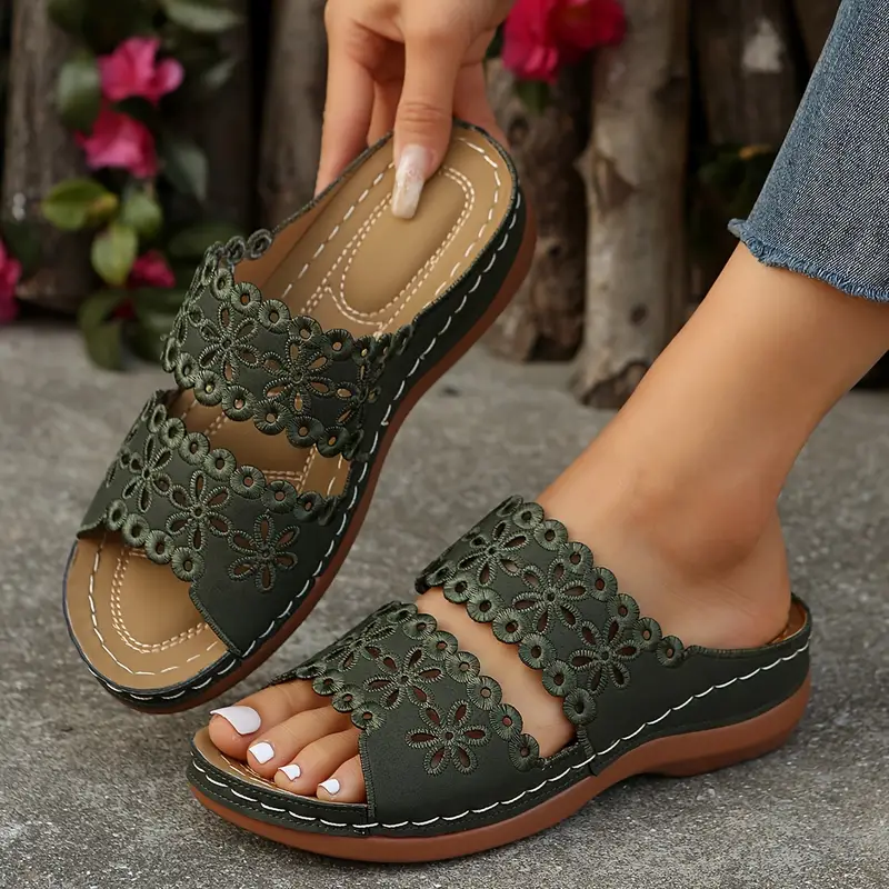 Women's Floral Cut-Out Slide Sandals - Slip-On Mid-Heel Casual Shoes