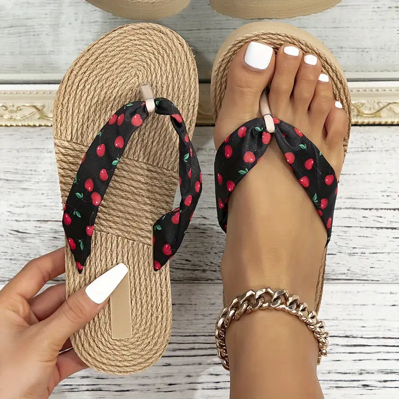 Women'S Cherry Print Flat Sandals - Lightweight Summer Slides with EVA Sole, Fabric Upper & Inner, Easy Slip-On Design for Beach & Outdoor Wear