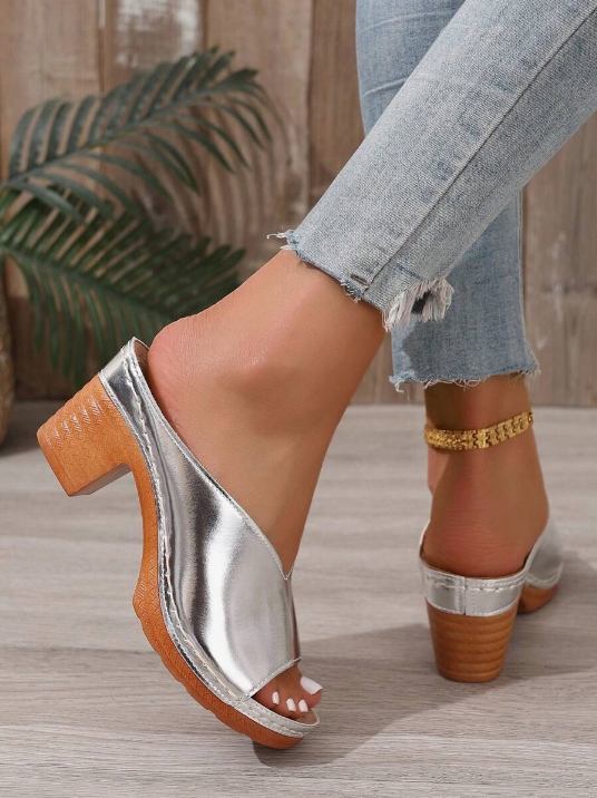 Women's Chunky Heel Slide Sandals, Black Open Toe Summer New Fashion Outdoor Wear Slippers, Gold Ladies Platform Wedge Strap Casual Mules