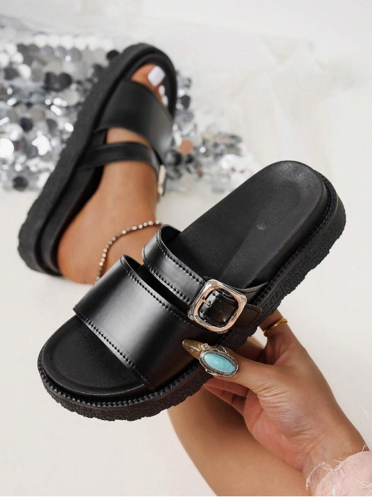 Leopard Print Thick Bottom Soft Bottom Buckle Decorated Open Toe Flat Sandals