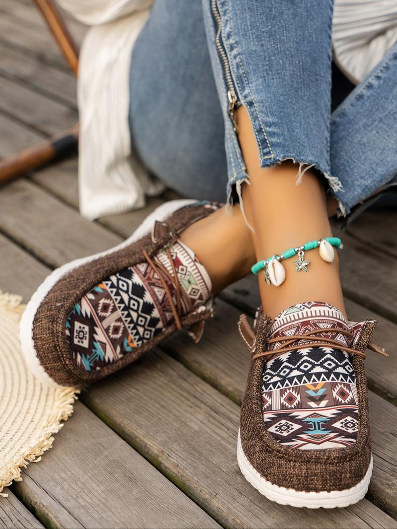 Women's Summer Fashionable Ethnic Pattern Lace Up Front Running Orthopedic Canvas Shoes