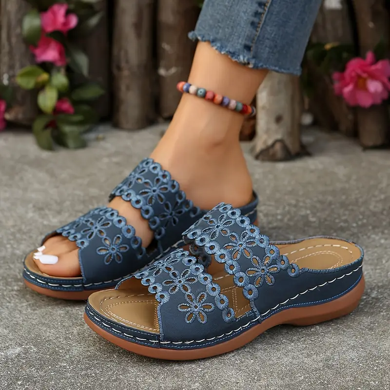 Women's Floral Cut-Out Slide Sandals - Slip-On Mid-Heel Casual Shoes