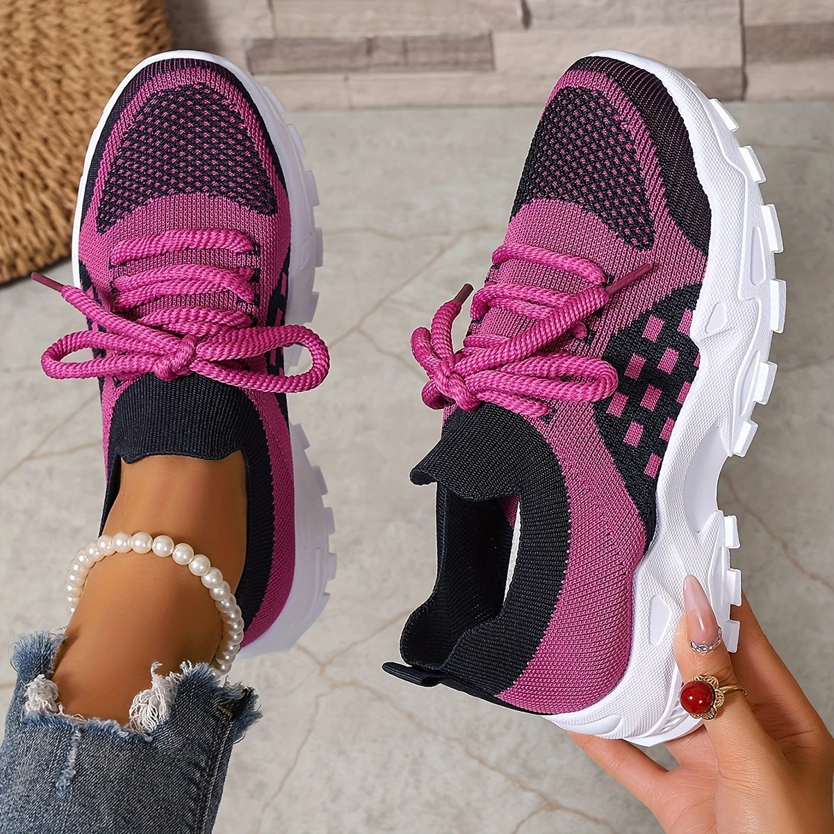 Women's Rose Quartz Knit Athletic Sneakers - Cloud-Like Cushioned Gym Shoes with Arch Support, Non-Slip Lightweight Design for Running Walking Daily Use