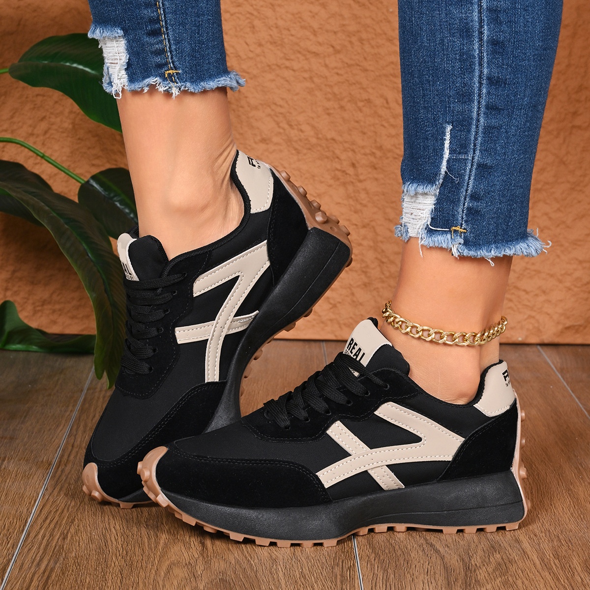 Women's Sporty Thick Sole Low-Top Shoes, Fashion Casual Breathable Round Toe Lace-Up Shoes