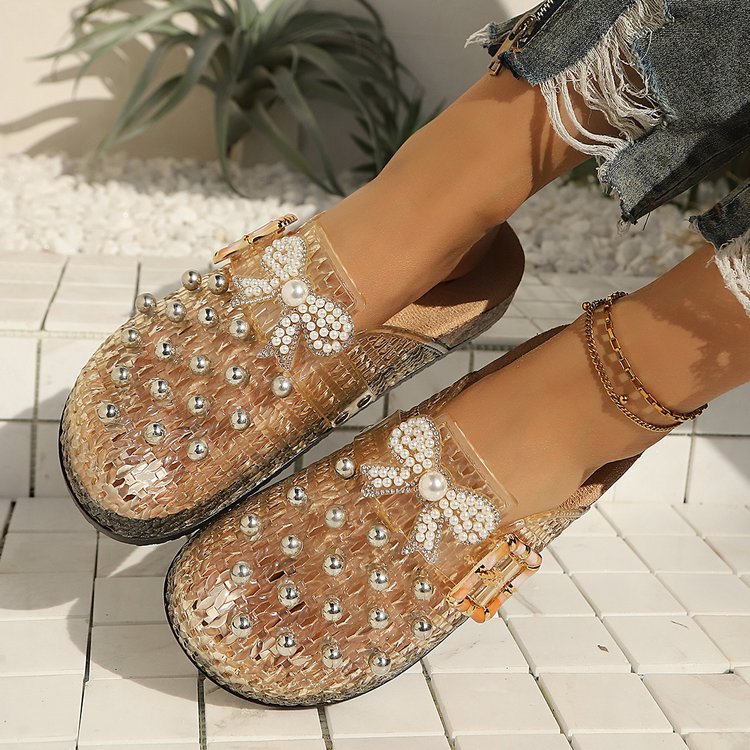 Women's Pearl Sequin Hollow Out Woven Mule Sandals, Casual Breathable Design Slip On Mules, Shoes Mules