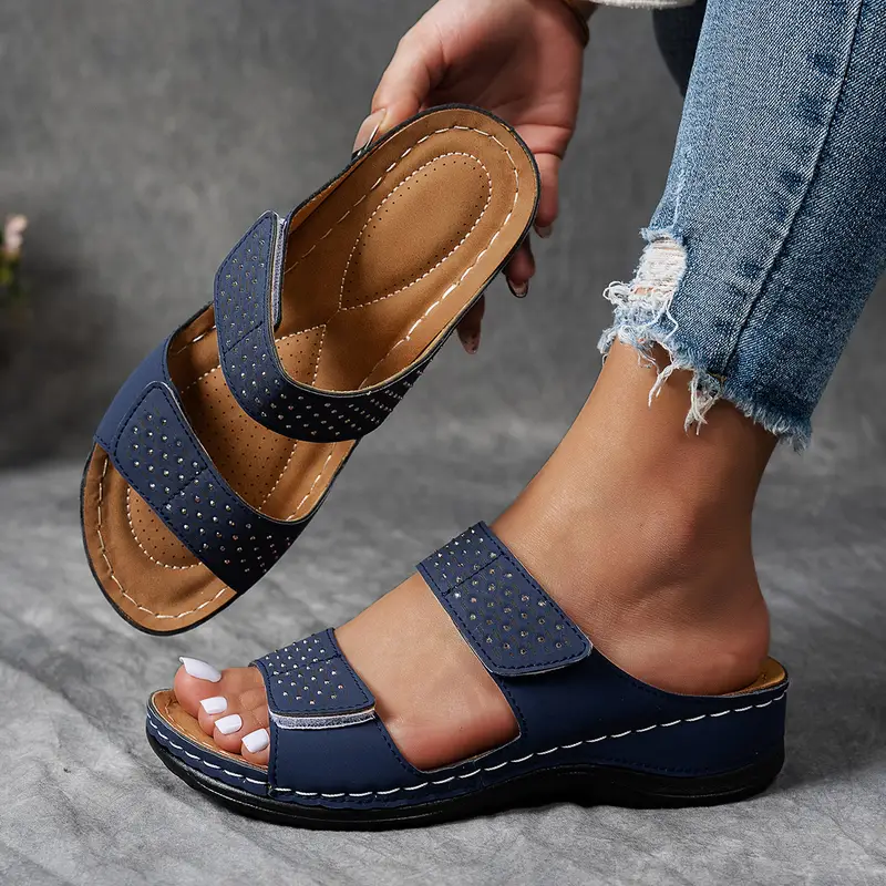 Women's casual solid-color wedge heel sandals, comfortable thick-soled open-toe contrasting sandals, bright diamond-encrusted women's shoes